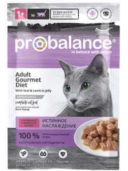 Консервированный корм для кошек Probalance Gourmet Diet с телятиной и ягненком в желе, 85г