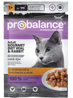 Консервированный корм для кошек Probalance Gourmet Diet с телятиной и кроликом в желе, 85г
